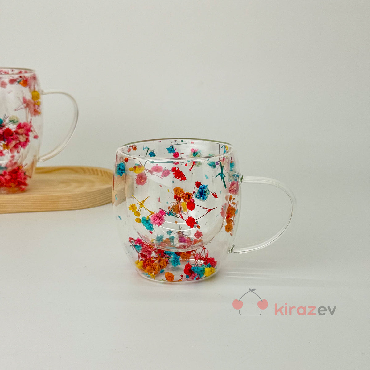 Çiçekli Kulplu Çift Cidarlı Cam Bardak 250ml - Kiraz Ev