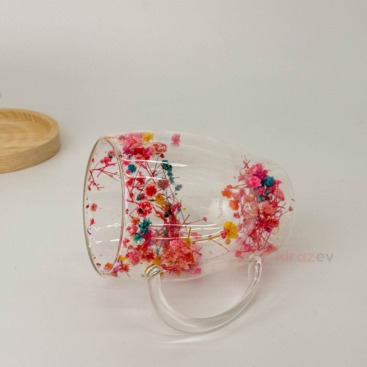 Çiçekli Kulplu Çift Cidarlı Cam Bardak 350ml