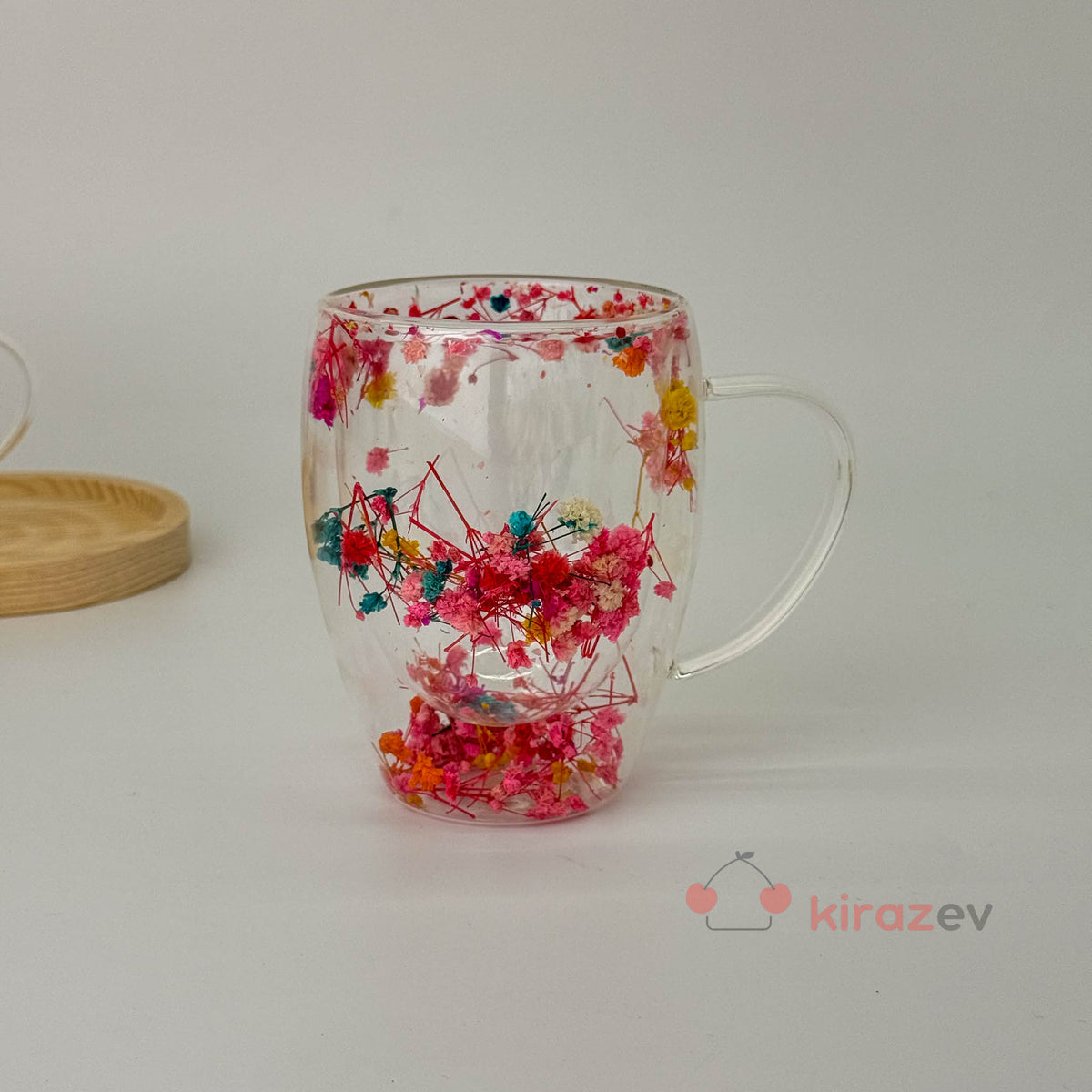 Çiçekli Kulplu Çift Cidarlı Cam Bardak 350ml - Kiraz Ev