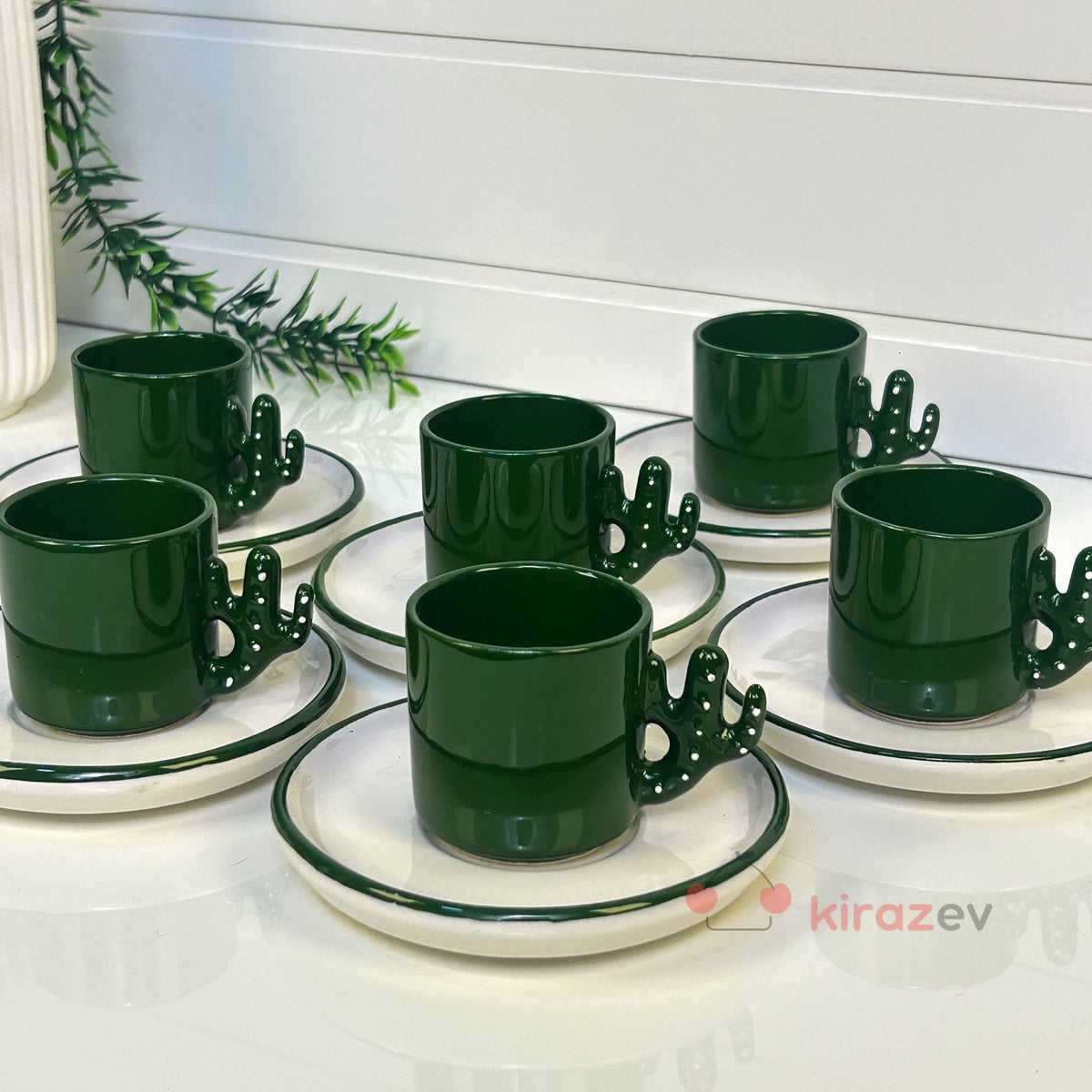 6’lı Kaktüs Kulplu Yeşil Kahve Fincanı Seti