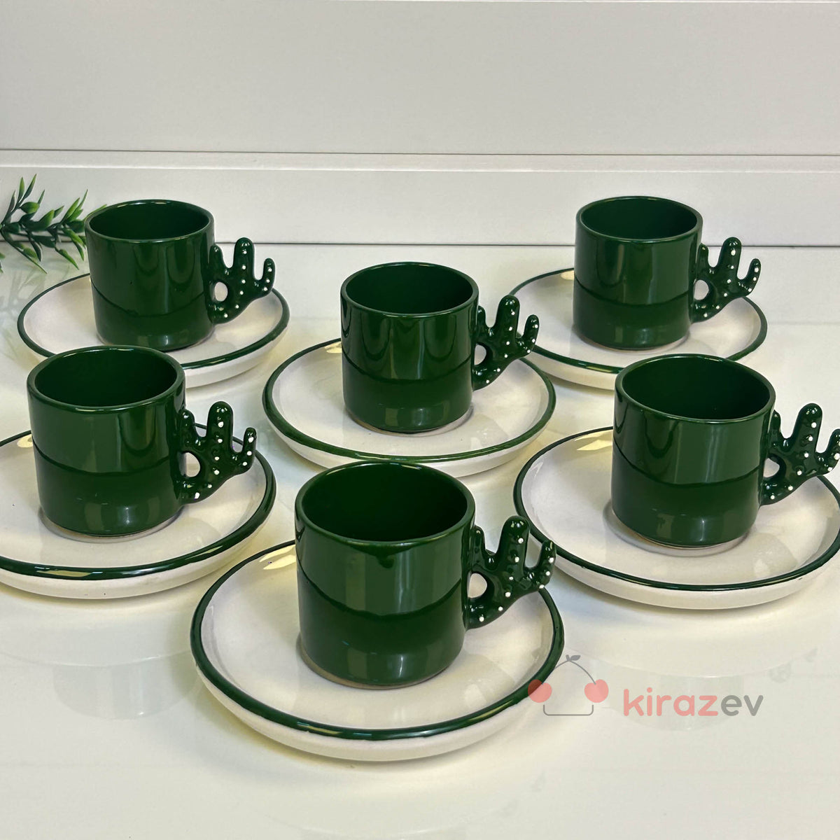6’lı Kaktüs Kulplu Yeşil Kahve Fincanı Seti