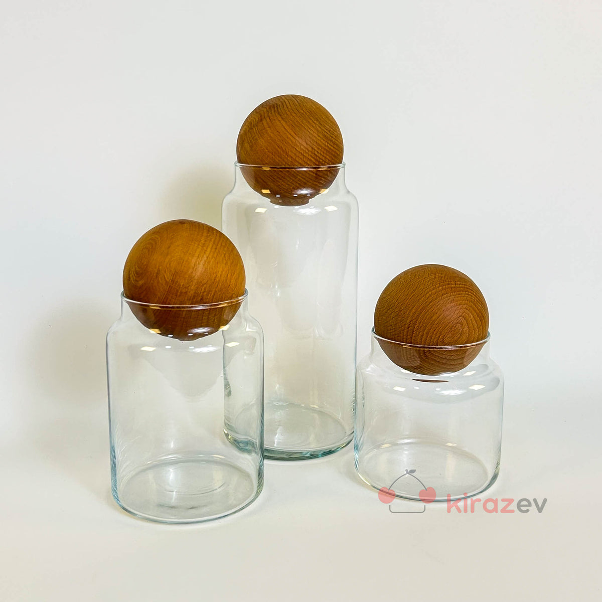 Ahşap Top Kapaklı Cam Saklama Kabı 3’lü Set