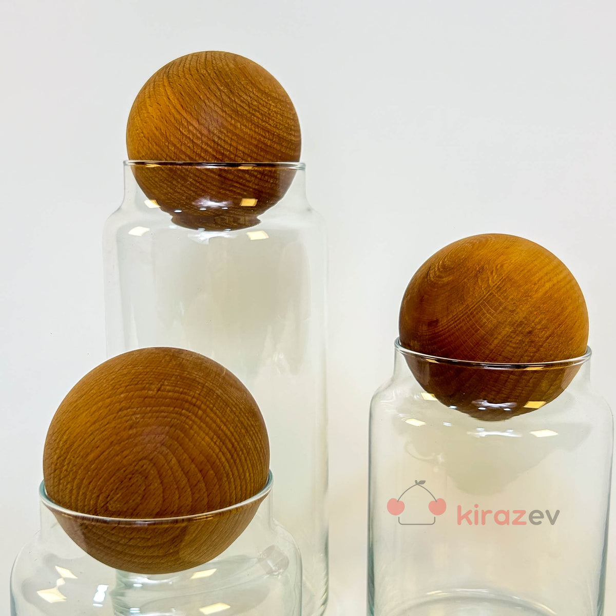 Ahşap Top Kapaklı Cam Saklama Kabı 3’lü Set