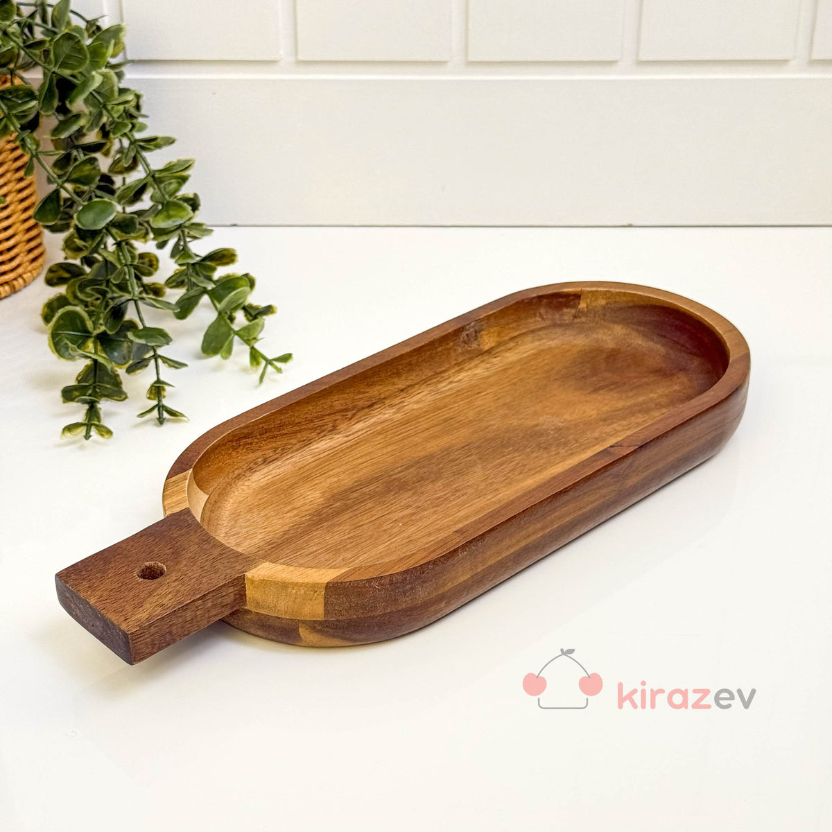 Akasya Kulplu Derin Sunumluk | Doğal Ahşap Servis Tabağı