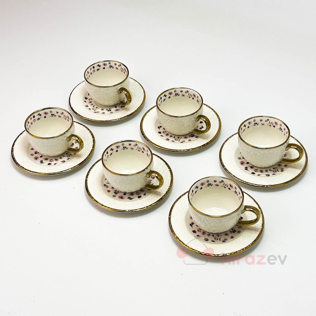 Altın Detaylı Çiçekli Porselen Kahve Fincanı 6’lı Set