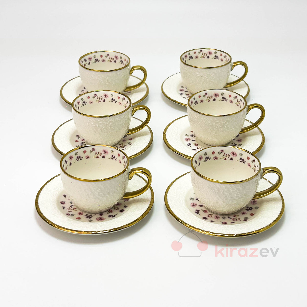 Altın Detaylı Çiçekli Porselen Kahve Fincanı 6’lı Set