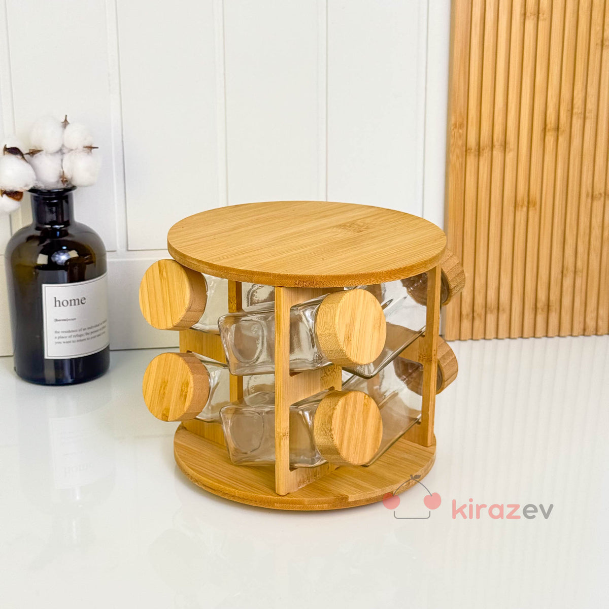 Bambu Standlı 8’li Cam Baharatlık Seti | Döner Stant