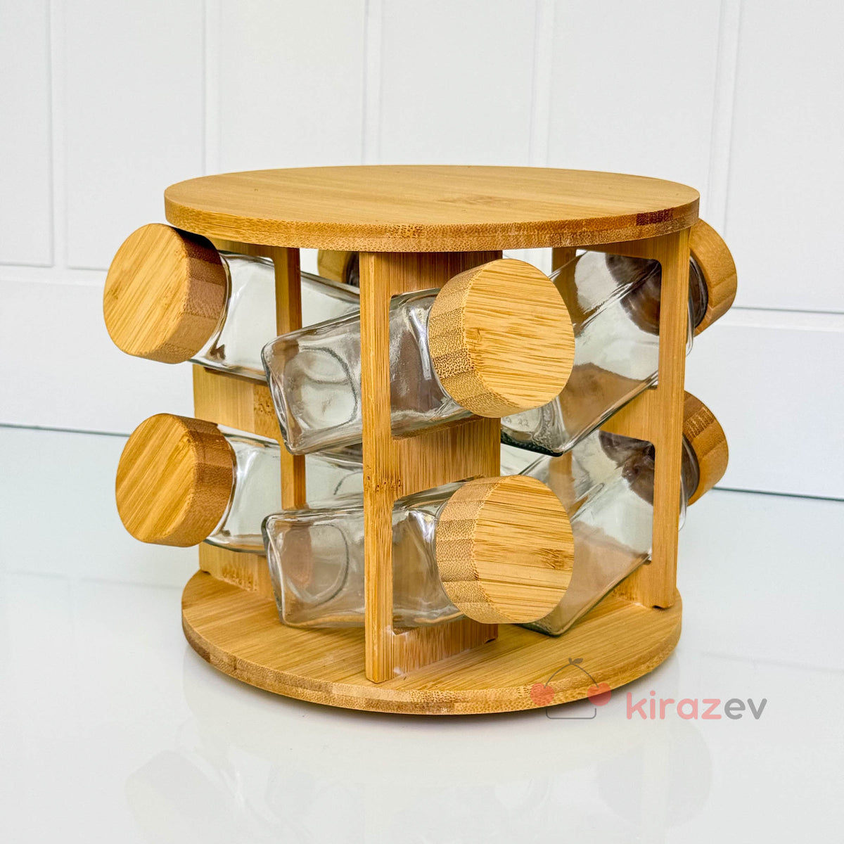 Bambu Standlı 8’li Cam Baharatlık Seti | Döner Stant