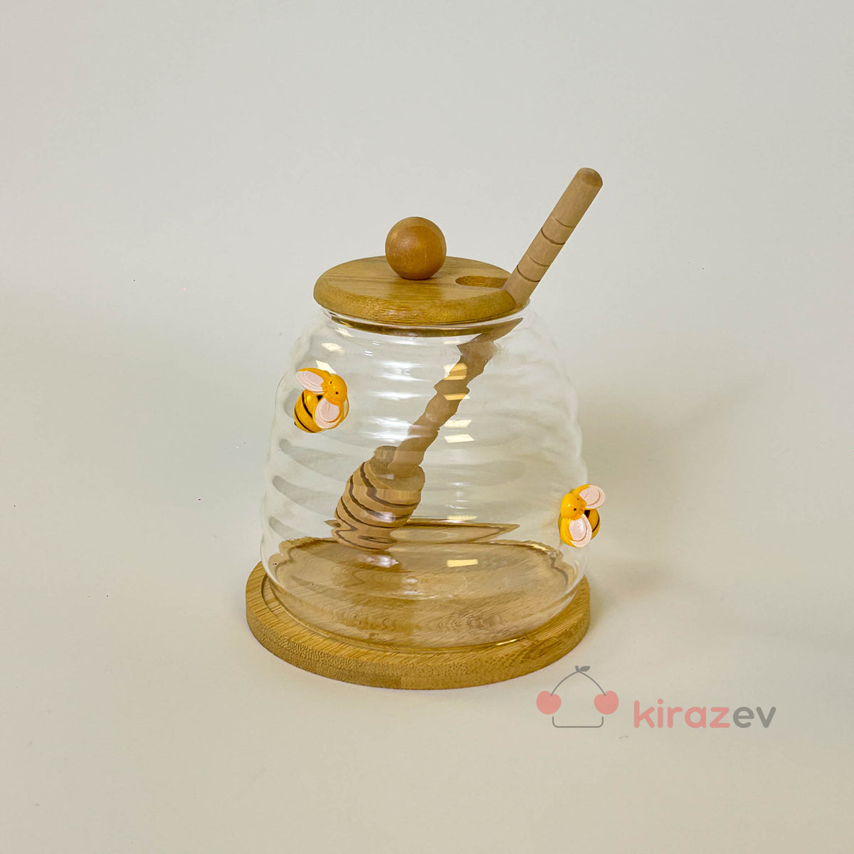 Arı Figürlü Cam Bal Kavanozu – Kaşıklı Dekoratif Bal Kavanozu 350 ml