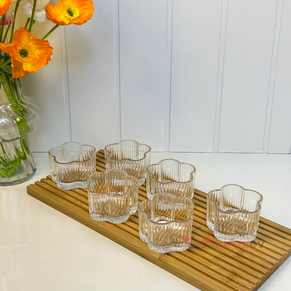 6’lı Çiçek Desenli Cam Çerezlik & Sosluk Seti