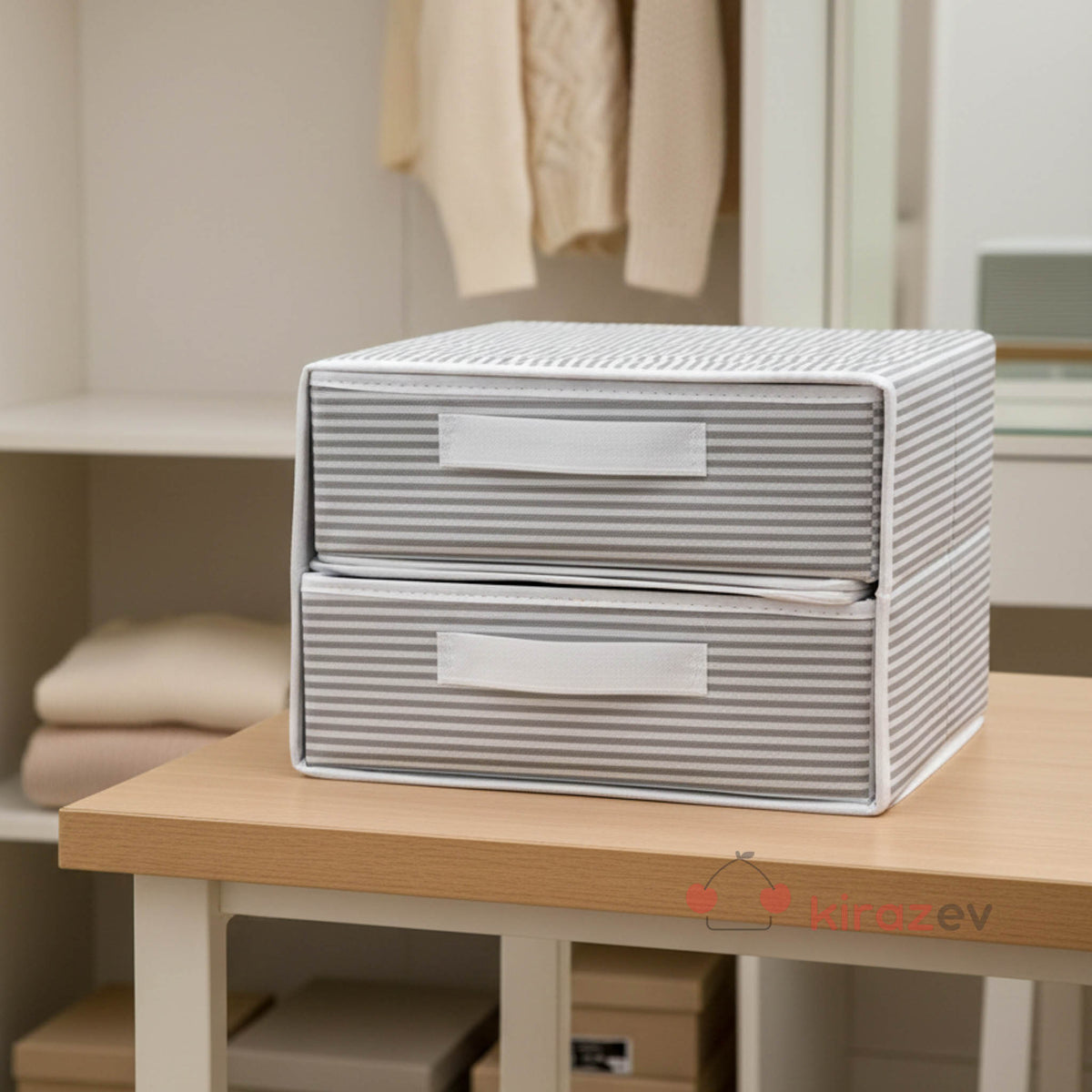 Çekmeceli Gri Bez Organizer – 2 Çekmeceli Dolap İçi Düzenleyici