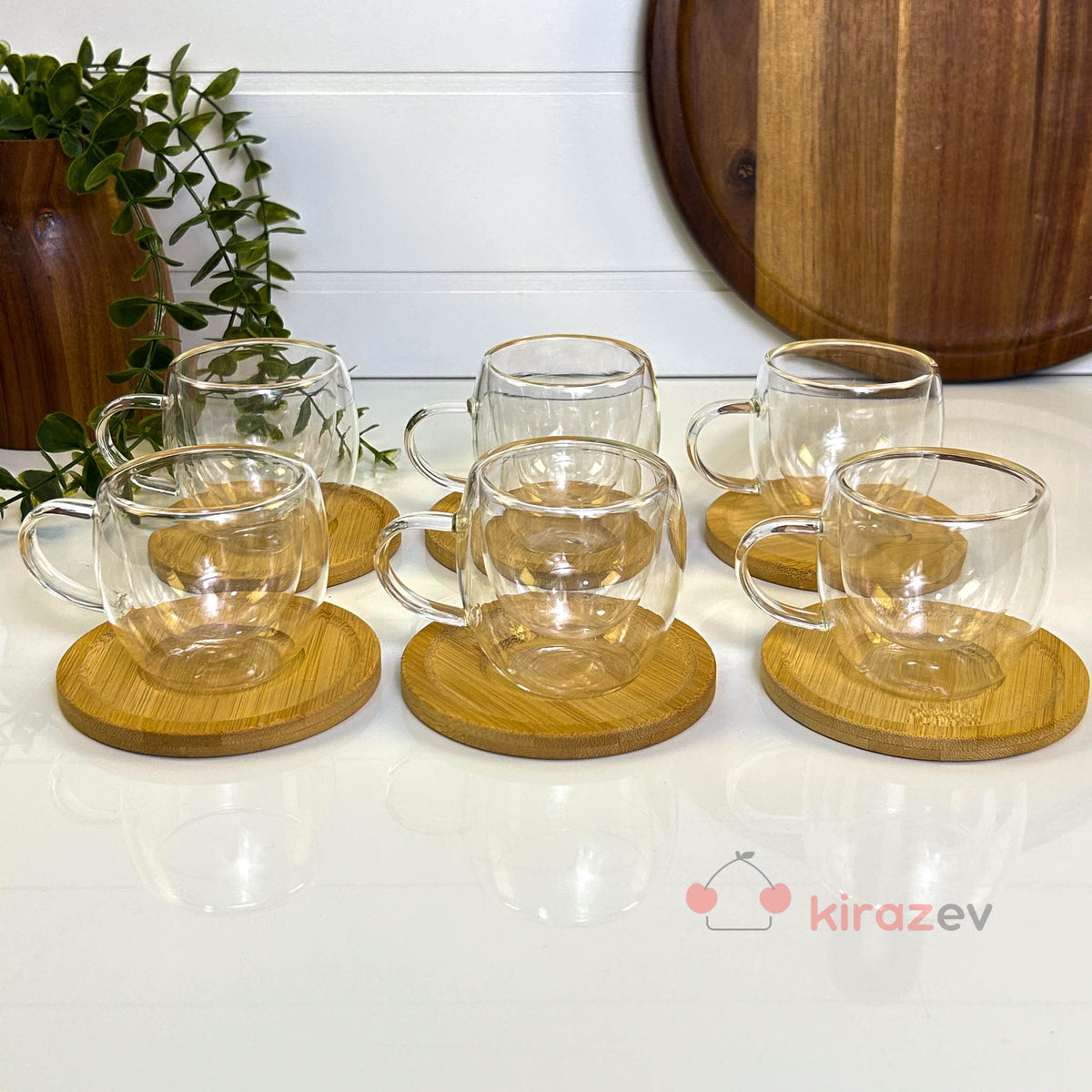 Bambu Tabaklı Çift Cidarlı Cam Fincan Seti 6’lı