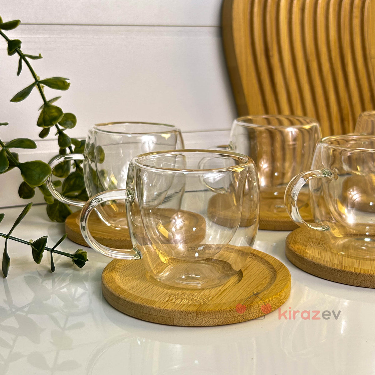 Bambu Tabaklı Çift Cidarlı Cam Fincan Seti 6’lı
