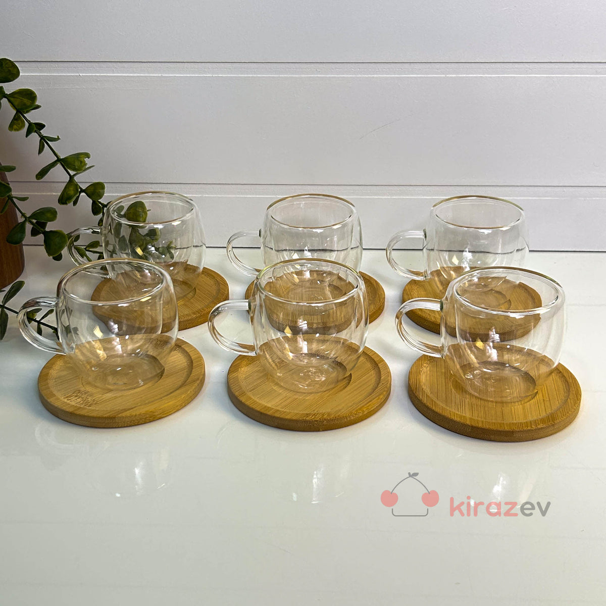 Bambu Tabaklı Çift Cidarlı Cam Fincan Seti 6’lı
