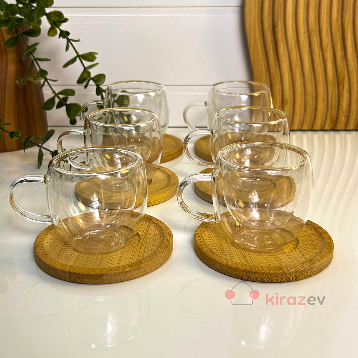 Bambu Tabaklı Çift Cidarlı Cam Fincan Seti 6’lı