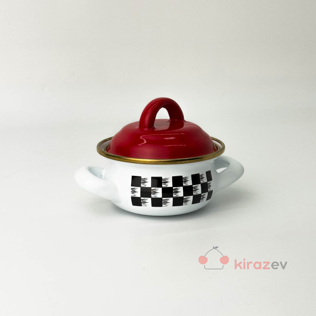 Damalı Mini Emaye Tencere - Kiraz Ev