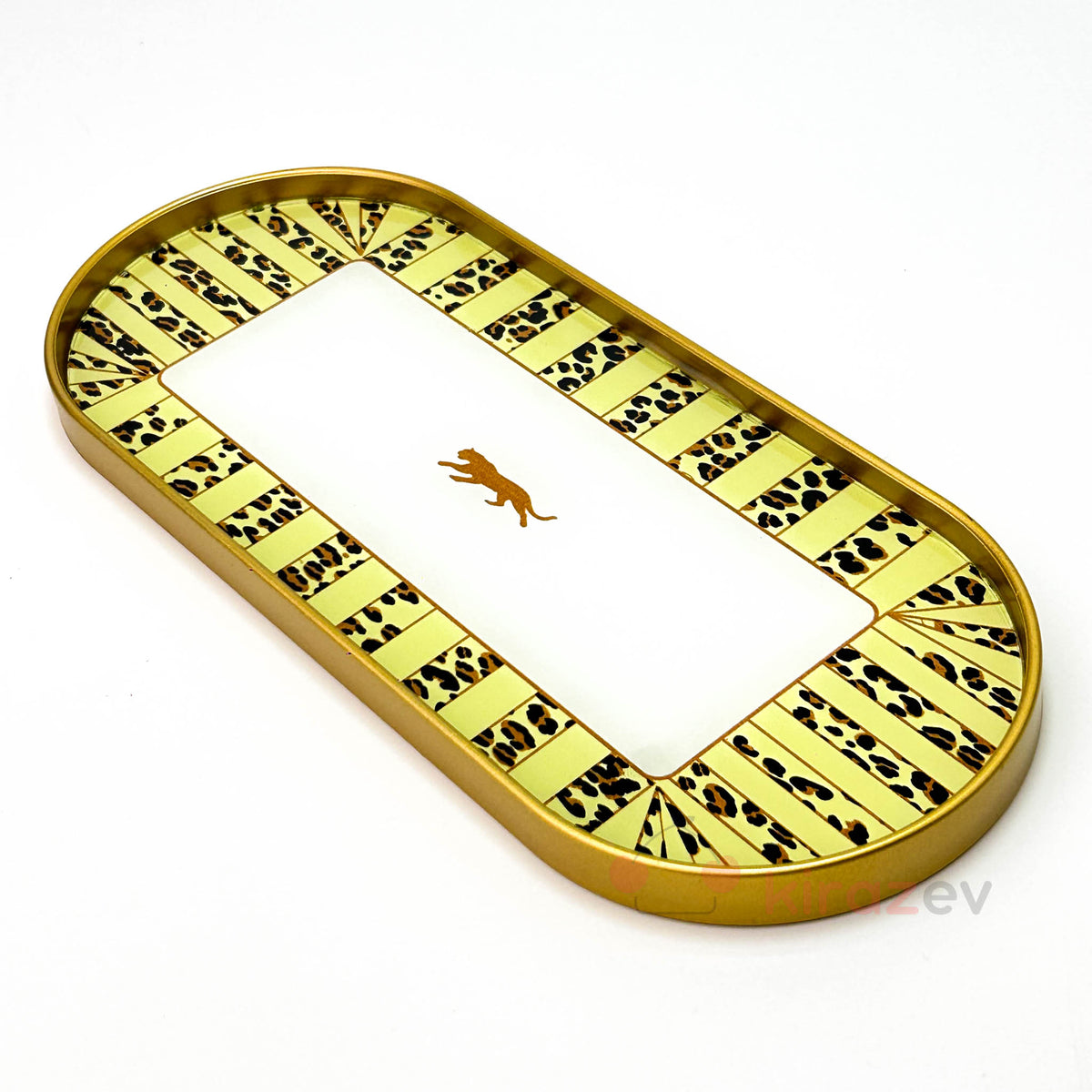 Altın Leopar Desenli Oval Sunumluk – Dekoratif Tepsi