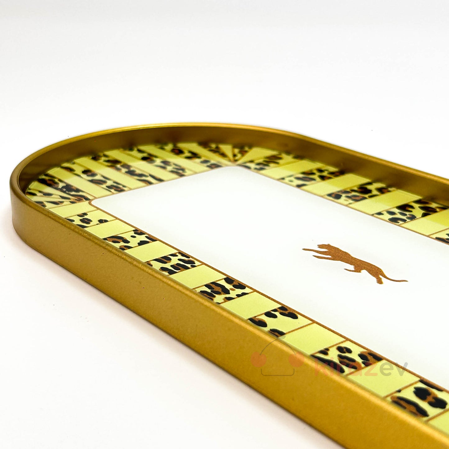 Altın Leopar Desenli Oval Sunumluk – Dekoratif Tepsi