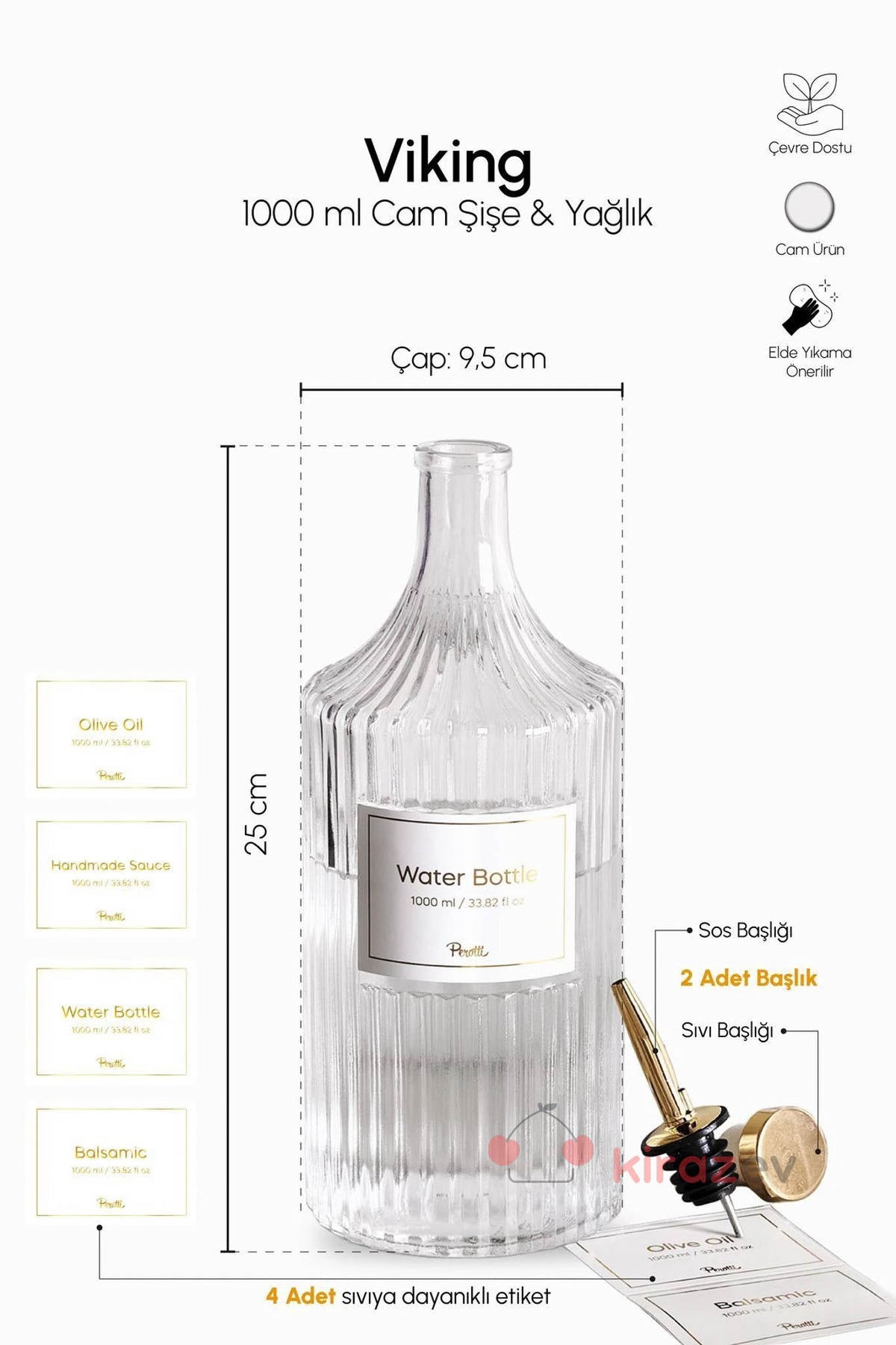 Perotti Cam Yağlık Şişe – Çift Başlıklı Etiketli 1000 ml