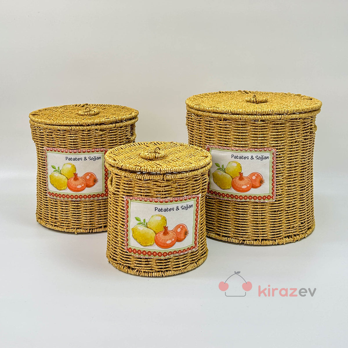 Patates Soğanlık - Rattan Kapaklı Sepet 3'lü Set - Kiraz Ev