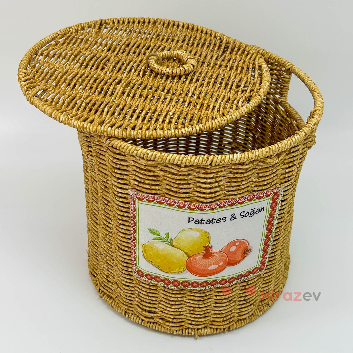 Patates Soğanlık Rattan Kapaklı Sepet Büyük Boy - Kiraz Ev