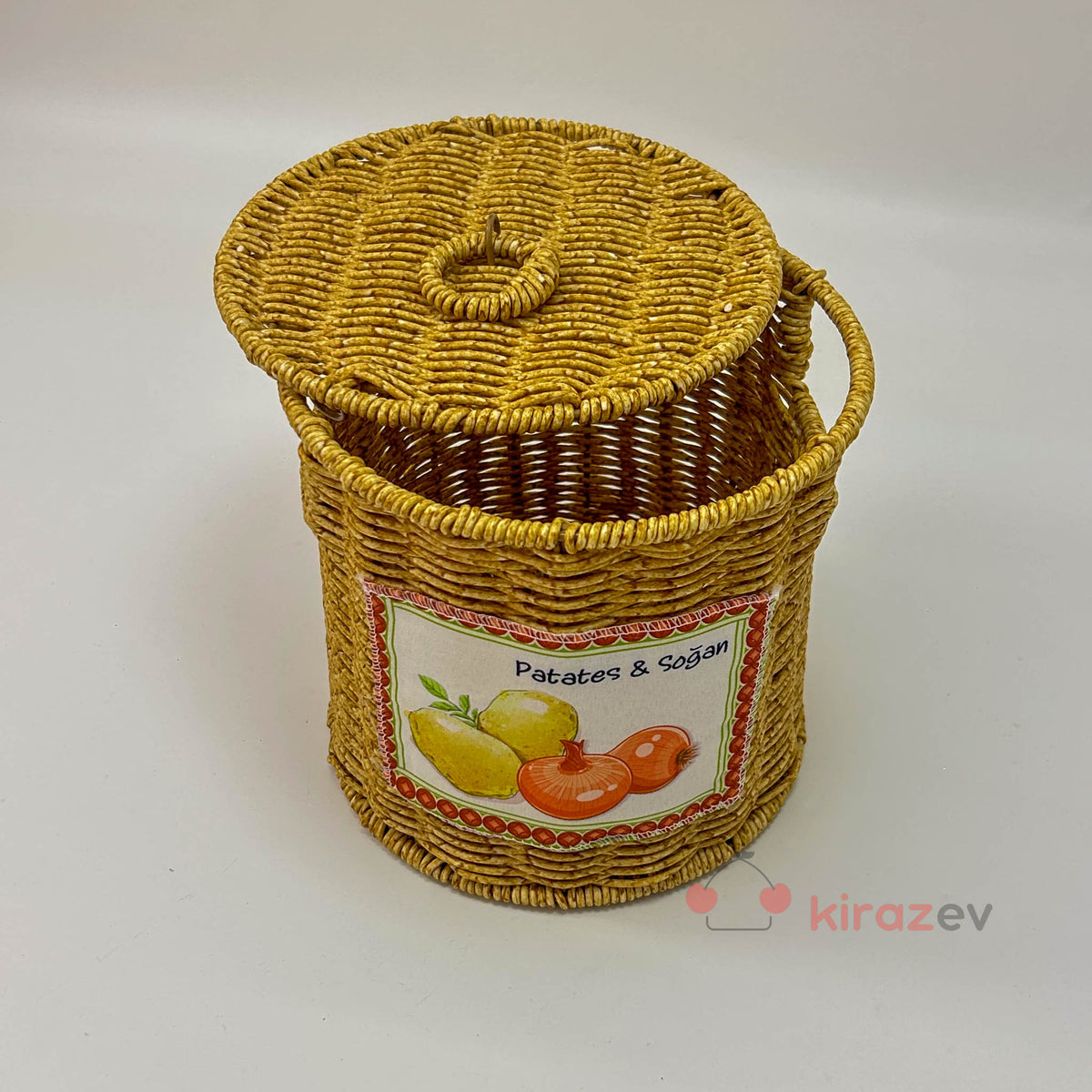 Patates Soğanlık Rattan Kapaklı Sepet Küçük Boy - Kiraz Ev