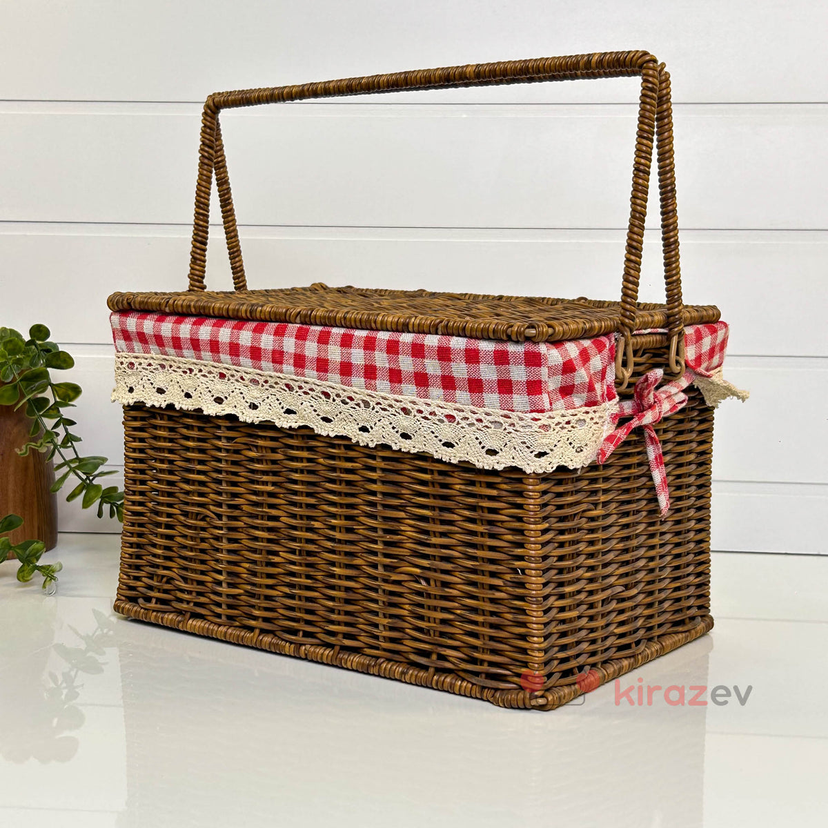 Rattan Piknik Sepeti Kapaklı Astarlı