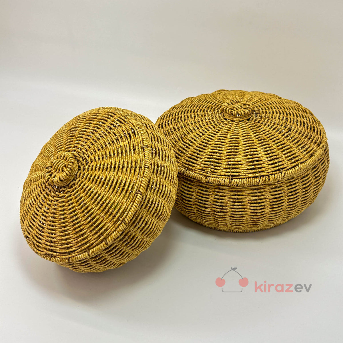 Rattan Yuvarlak Kapaklı Organizer Sepet Küçük Boy - Kiraz Ev
