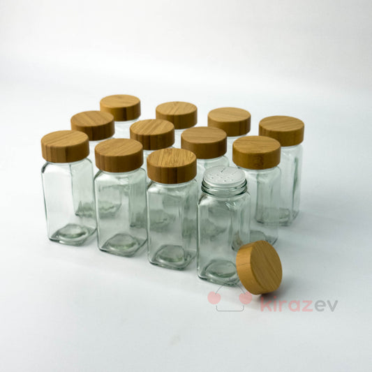 Bambu Kapaklı 12'li Cam Baharatlık Seti