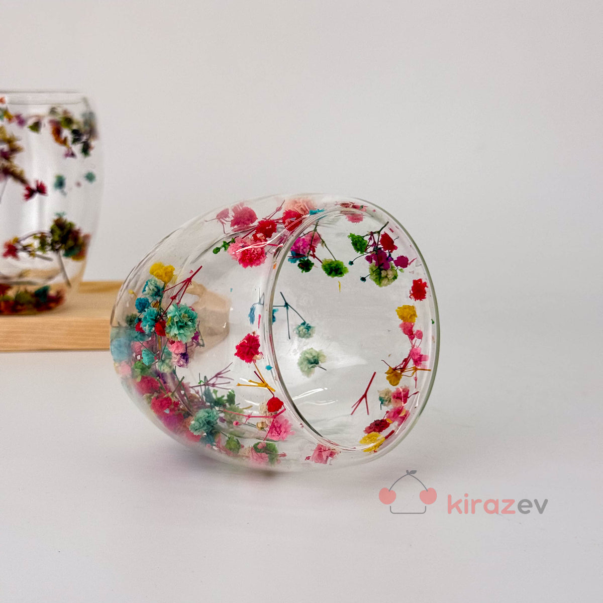 Çiçekli Çift Cidarlı Cam Bardak 250ml - Kiraz Ev