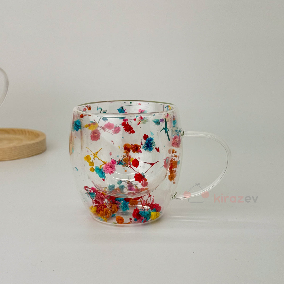 Çiçekli Kulplu Çift Cidarlı Cam Bardak 250ml