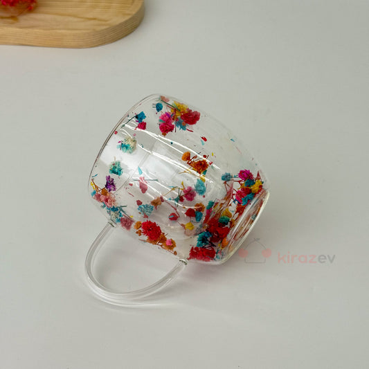 Çiçekli Kulplu Çift Cidarlı Cam Bardak 250ml