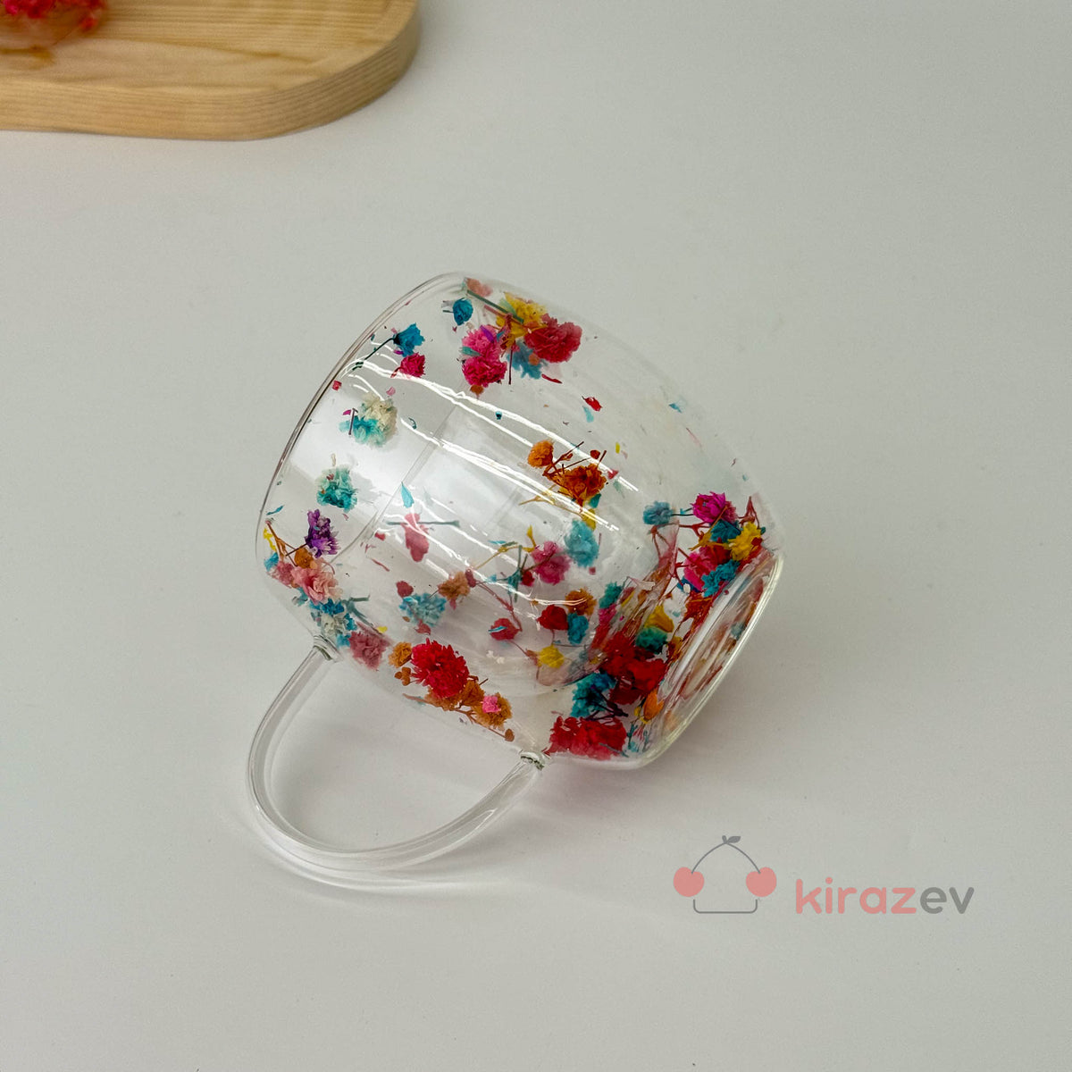 Çiçekli Kulplu Çift Cidarlı Cam Bardak 250ml - Kiraz Ev