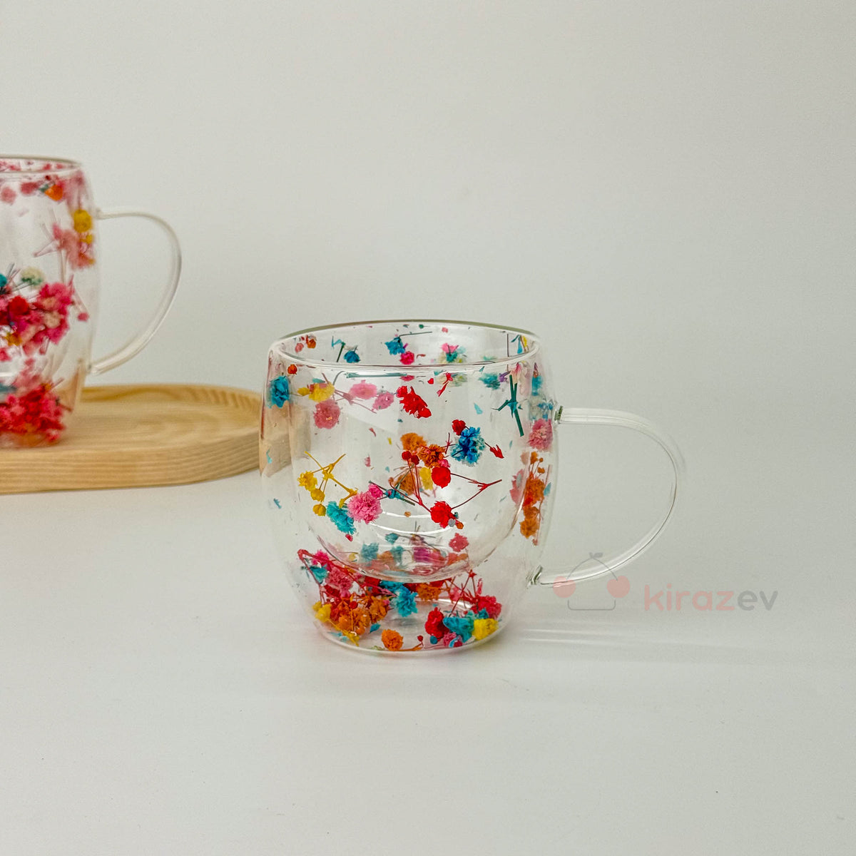 Çiçekli Kulplu Çift Cidarlı Cam Bardak 250ml