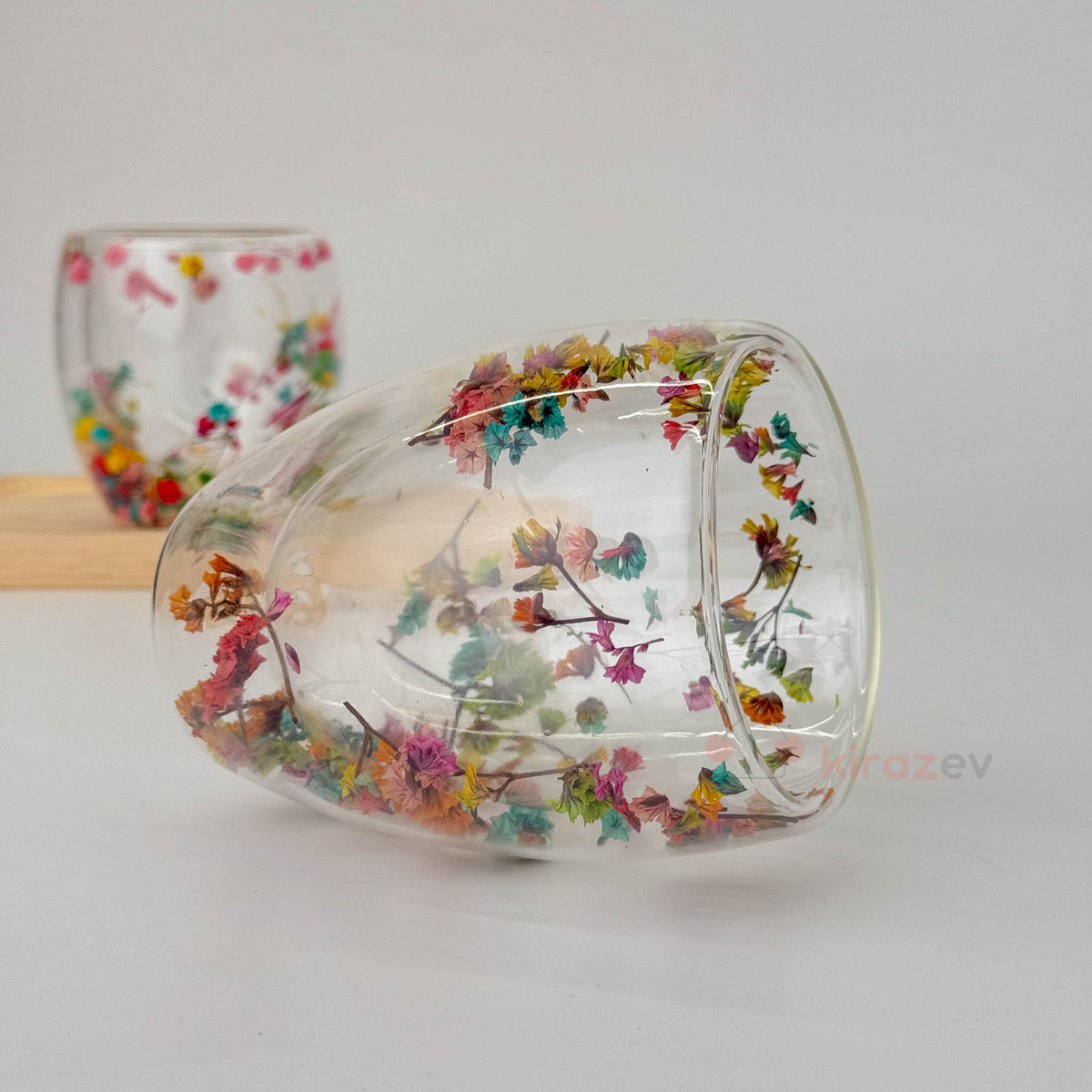 Çiçekli Çift Cidarlı Cam Bardak 350ml