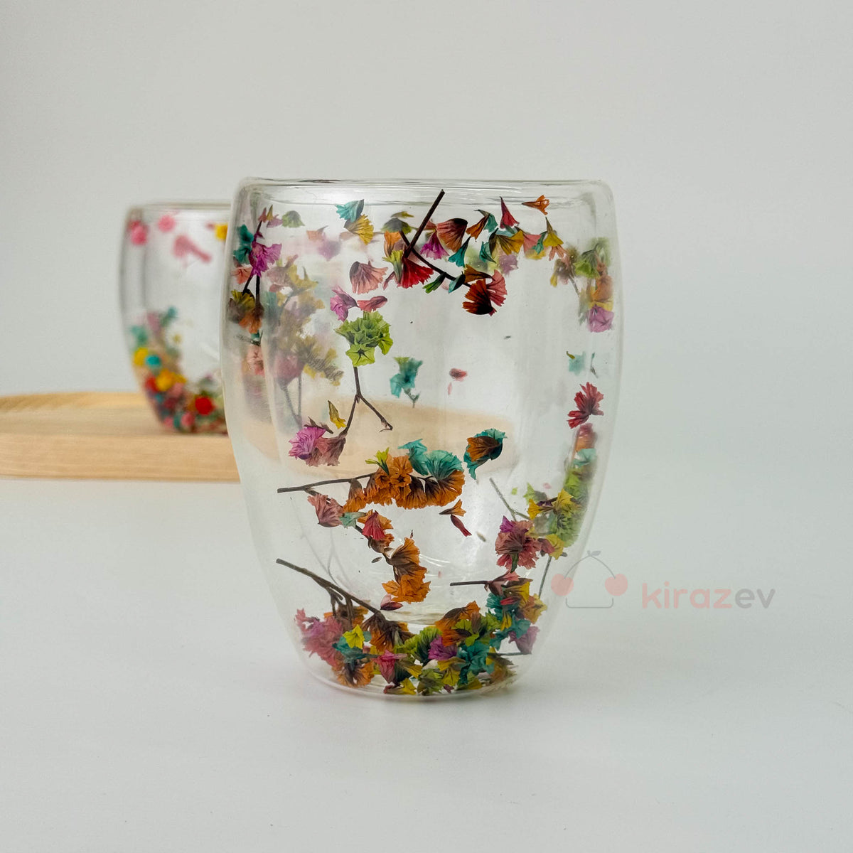 Çiçekli Çift Cidarlı Cam Bardak 350ml