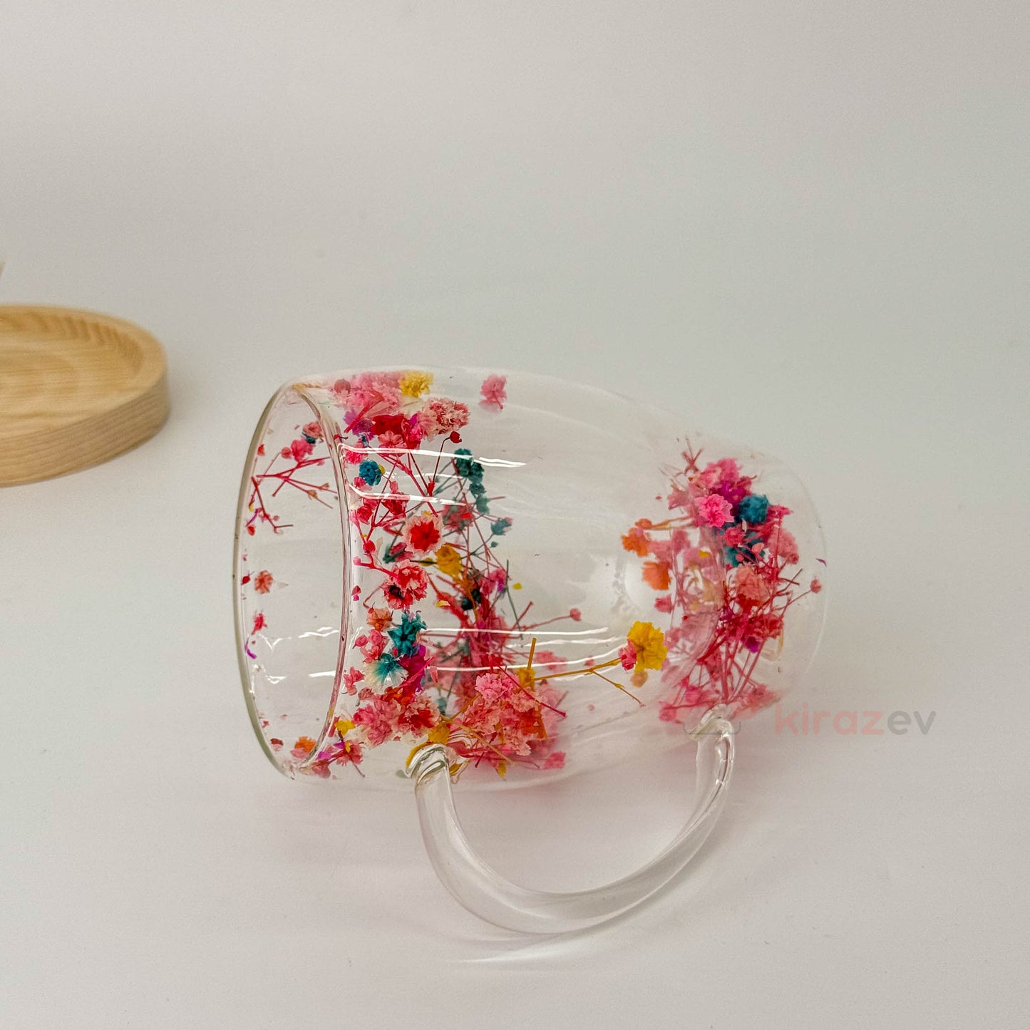 Çiçekli Kulplu Çift Cidarlı Cam Bardak 350ml