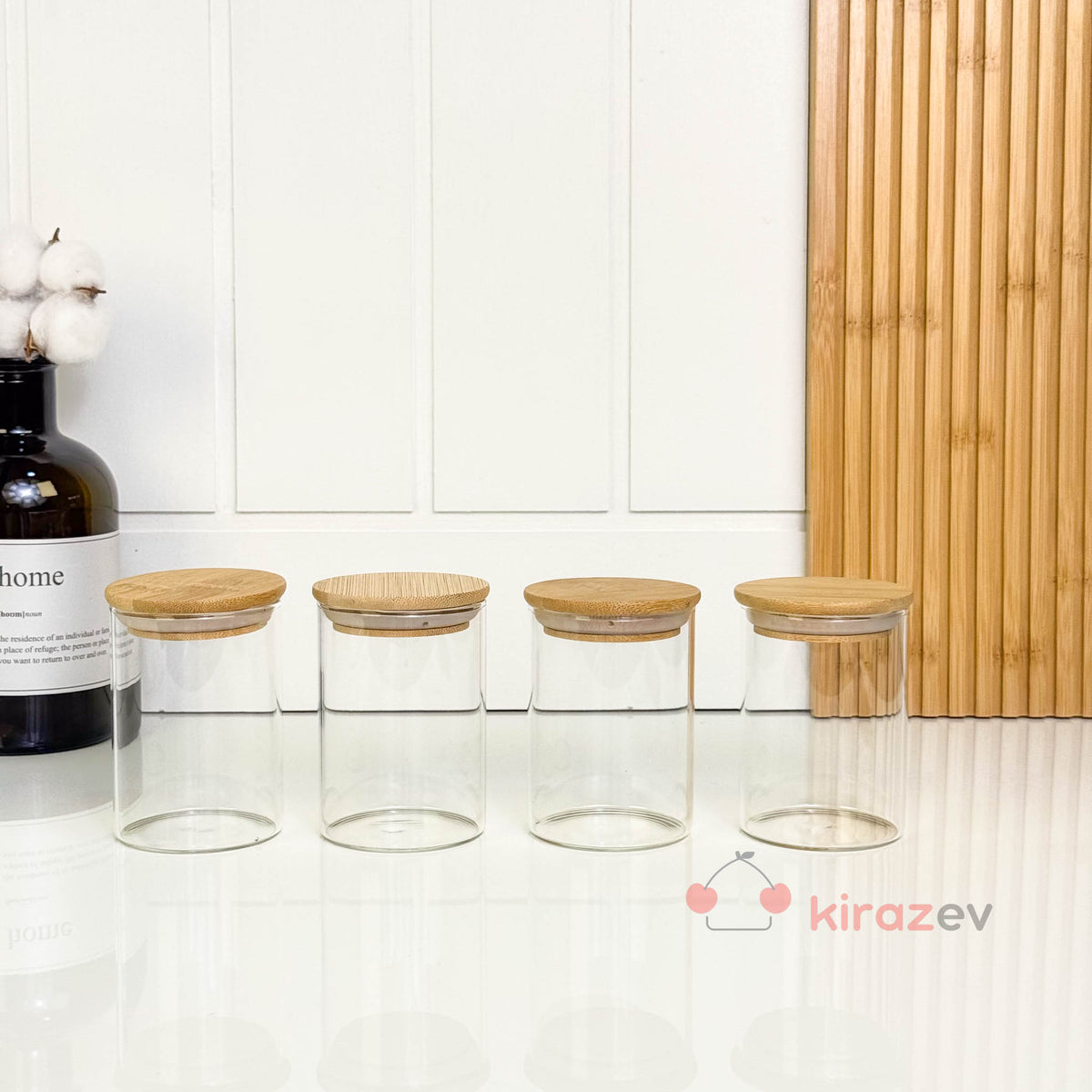 4’lü Bambu Kapaklı Cam Baharatlık Seti