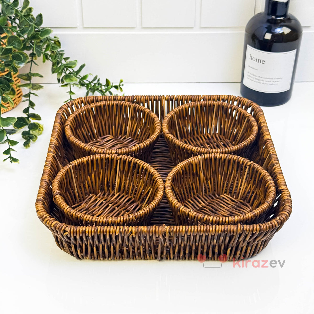 5 Parça Rattan Sunumluk Seti | Tepsili 4 Kase