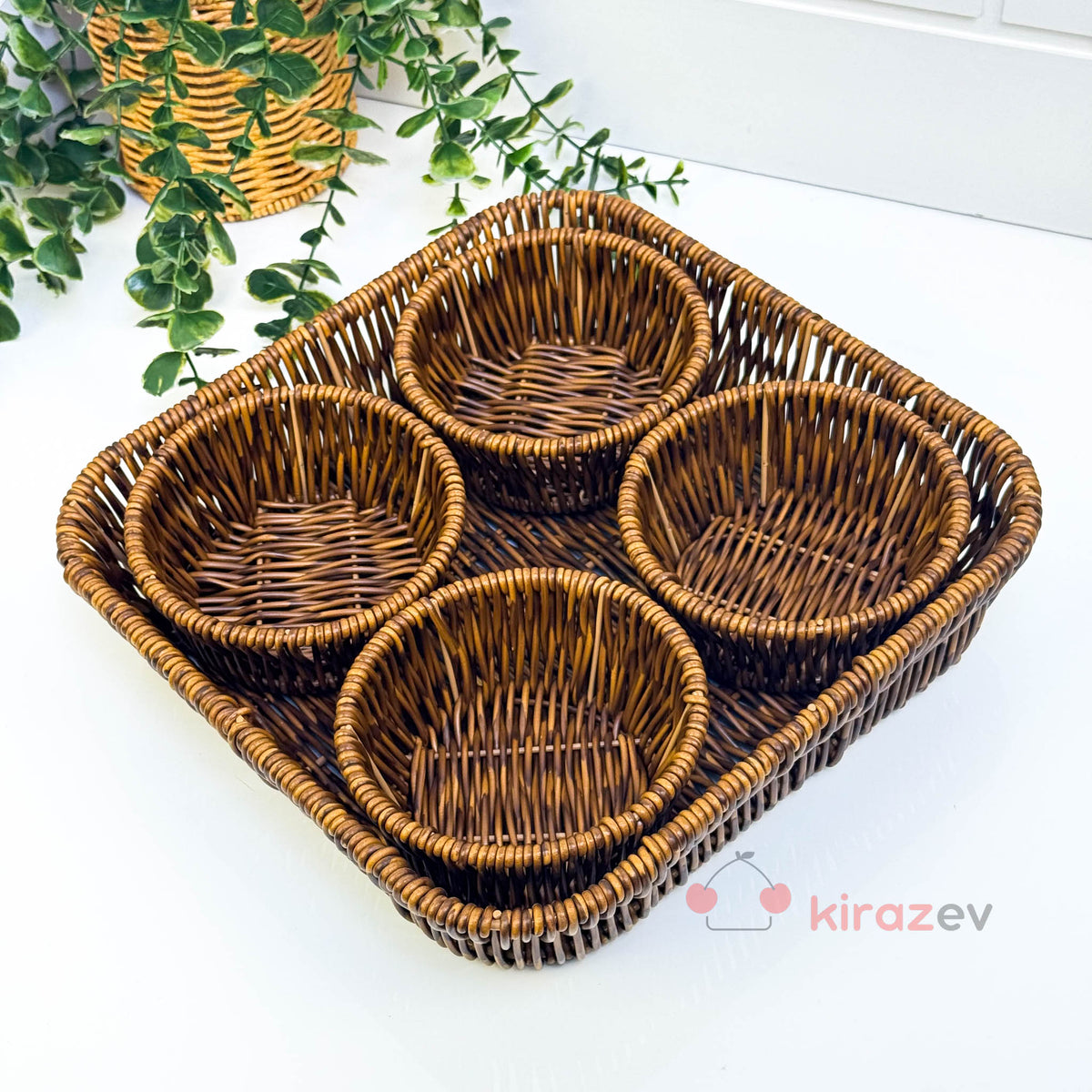 5 Parça Rattan Sunumluk Seti | Tepsili 4 Kase
