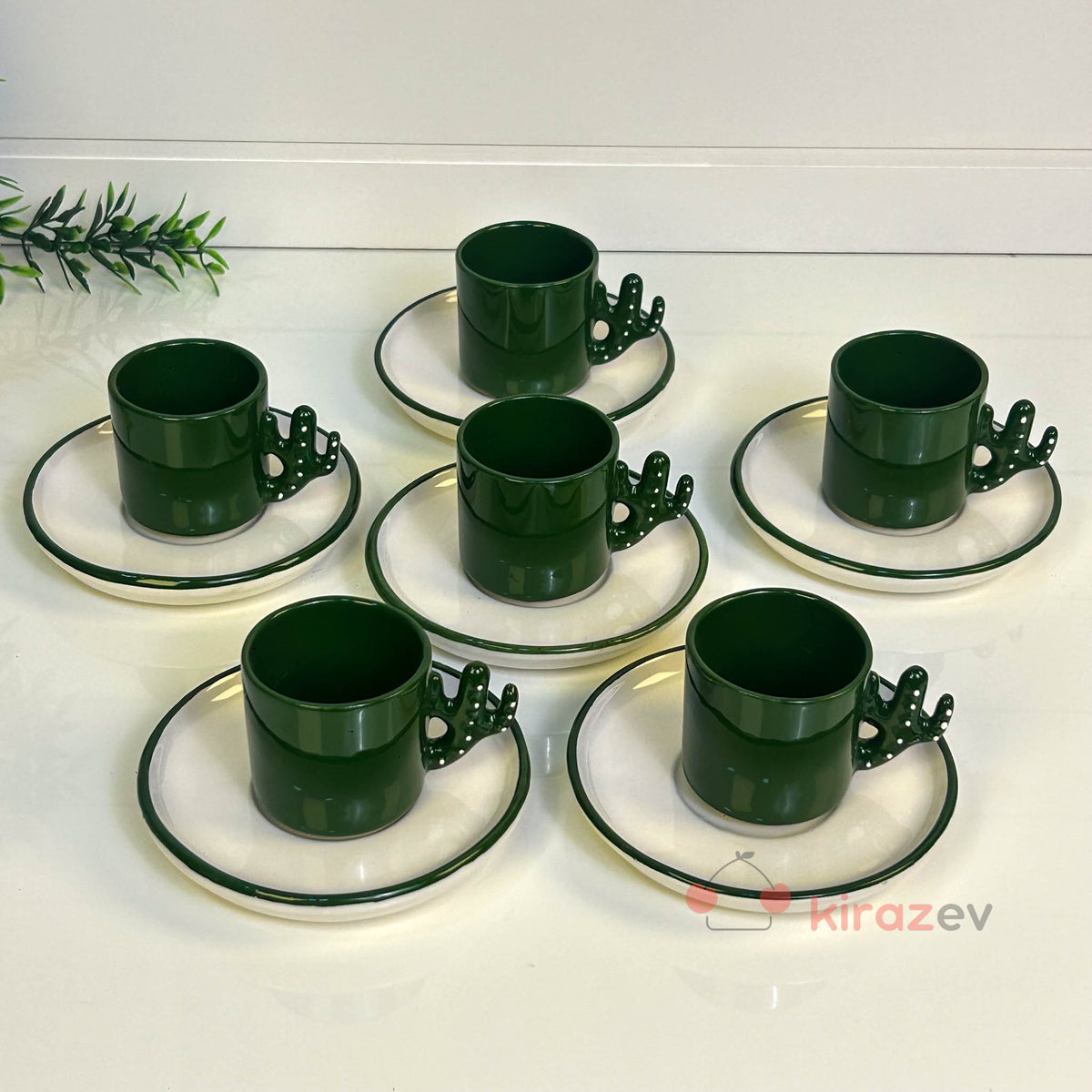 6’lı Kaktüs Kulplu Yeşil Kahve Fincanı Seti