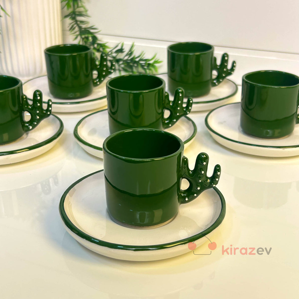 6’lı Kaktüs Kulplu Yeşil Kahve Fincanı Seti