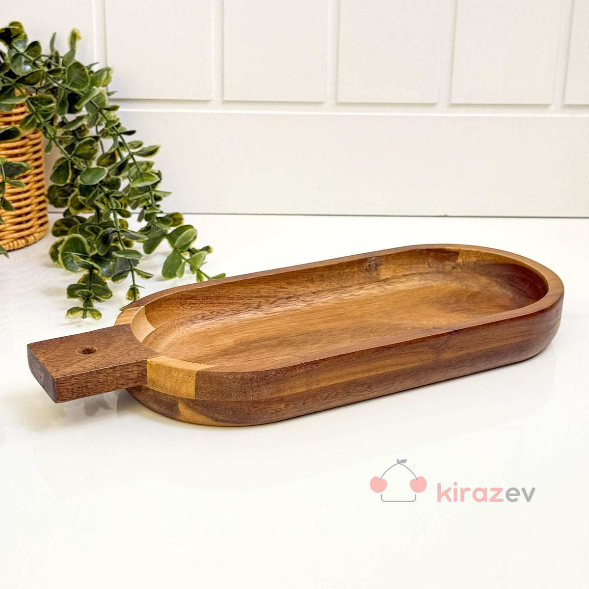 Akasya Kulplu Derin Sunumluk | Doğal Ahşap Servis Tabağı