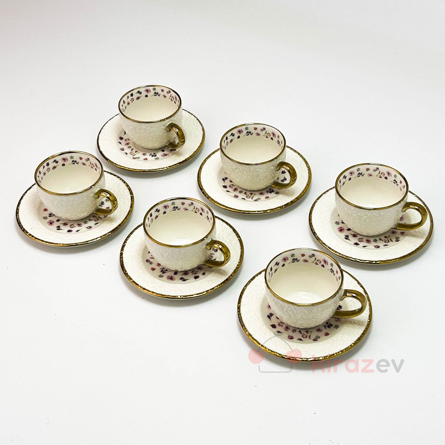 Altın Detaylı Çiçekli Porselen Kahve Fincanı 6’lı Set