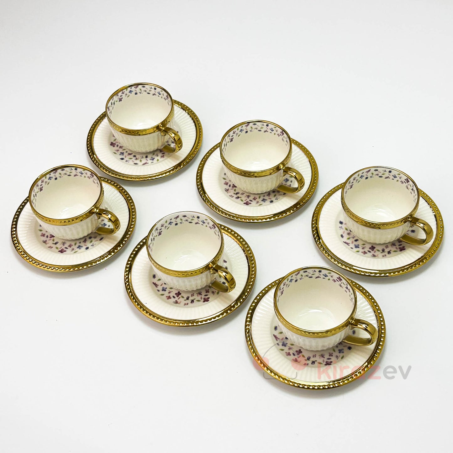 Altın Yaldızlı Vintage Çiçekli Porselen Kahve Fincanı 6’lı Set