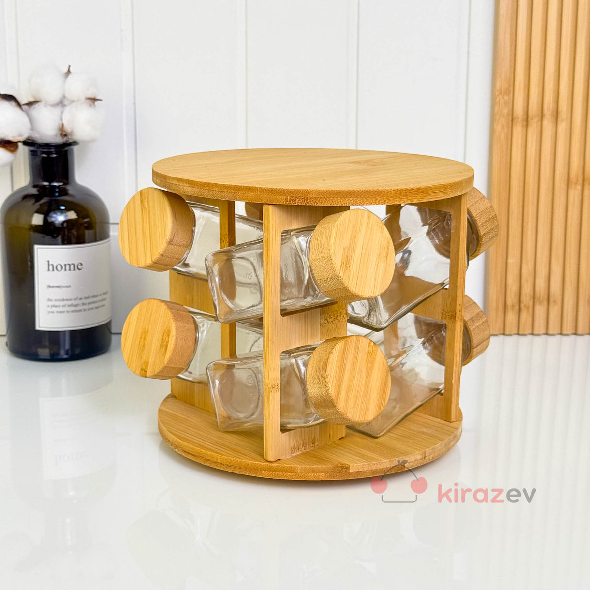 Bambu Standlı 8’li Cam Baharatlık Seti | Döner Stant