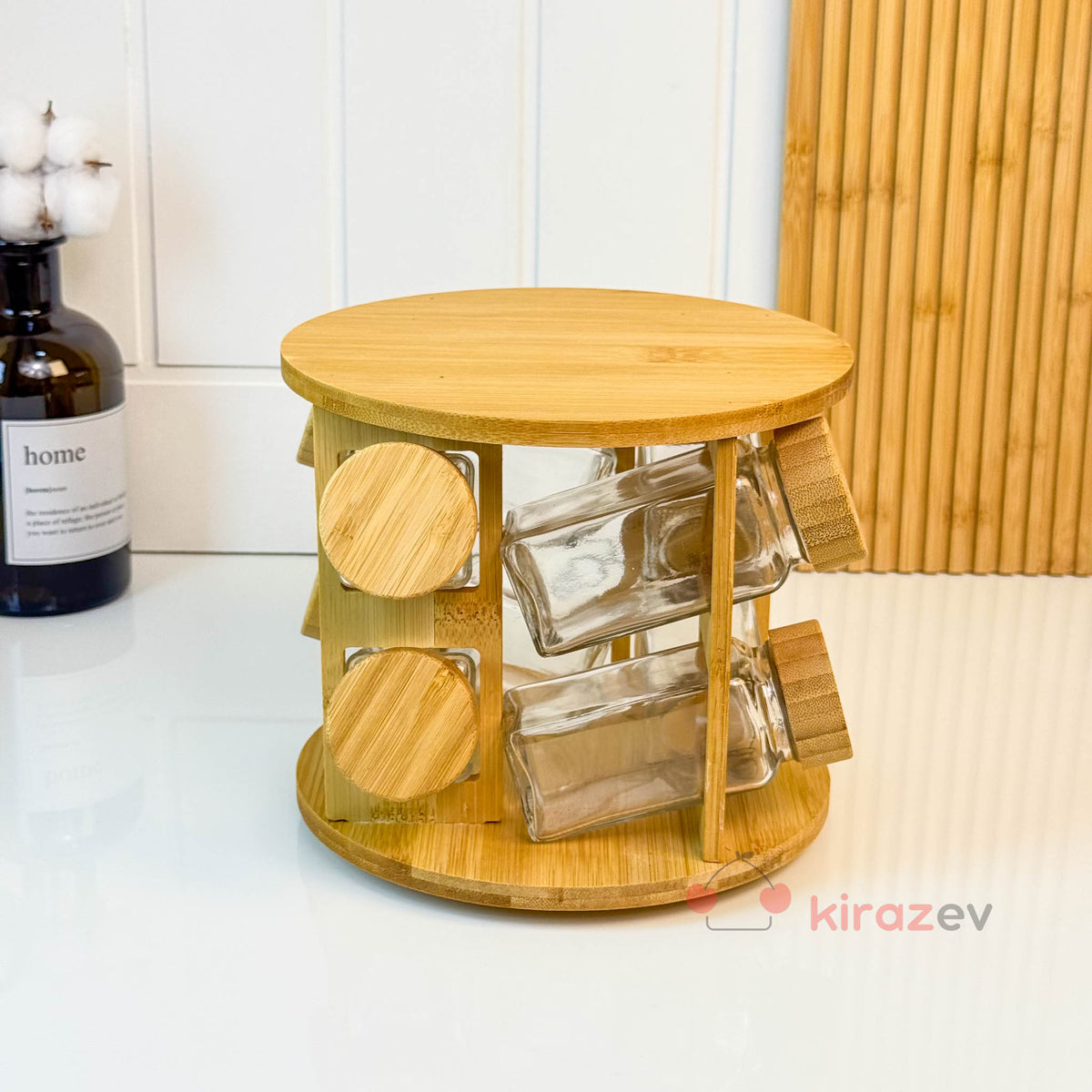 Bambu Standlı 8’li Cam Baharatlık Seti | Döner Stant