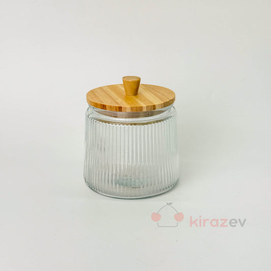 Bambu Kapaklı Çizgili Cam Kavanoz Küçük Boy