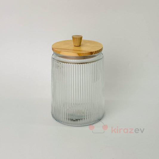 Bambu Kapaklı Çizgili Cam Kavanoz Orta Boy