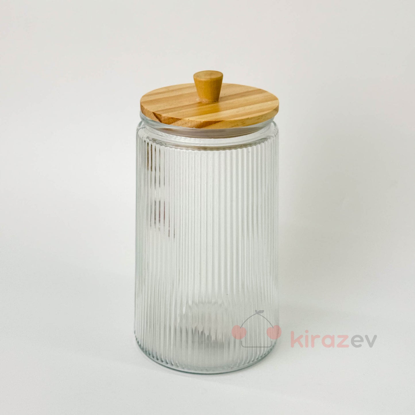 Bambu Kapaklı Çizgili Cam Kavanoz Büyük Boy